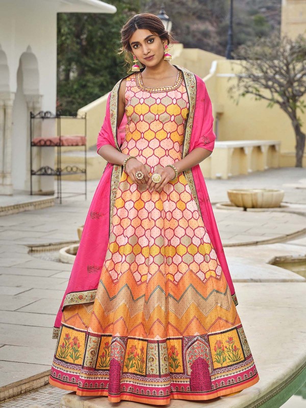 Multicolor Cherry Silk Readymade Gown